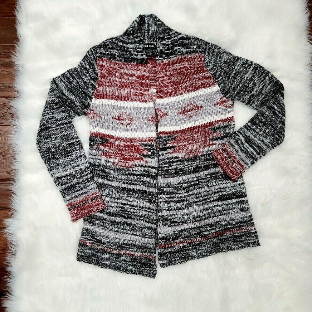 Wet Seal Open Cardigan Long Sleeve Sweater Black Red White Aztec Size Medium